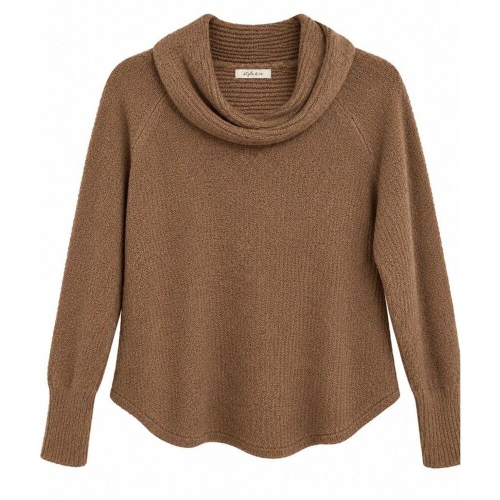 Style & Co Sweater Women’s Sz Large Brown Cowl Neck Textured Cuffs Warm Cozy